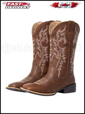 Womens Wide Calf Cowboy Boots Square Toe Heart Embroidered Faux Leather